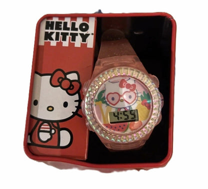 Sanrio Hello Kitty Kids LCD Watch Pink Glitter Strap Iridescent Bezel