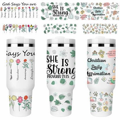 UV DTF Cup Wrap Transfer 6 Sheets Bible Verse Floral Waterproof 40oz Tumbler