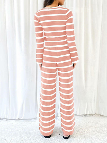 Tankaneo Womens Tie Front Striped Knit Lounge Set Pink Size S