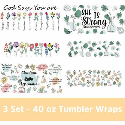 UV DTF Cup Wrap Transfer 6 Sheets Bible Verse Floral Waterproof 40oz Tumbler