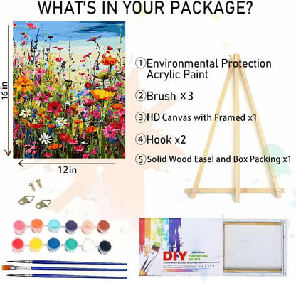 [Like New] Eiazuiks Paint by Number Kit Wild Flower 12x16 with Frame & Brushes