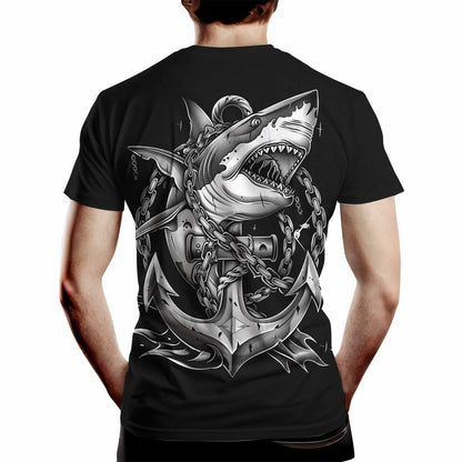Faiwvhe Men's Creative Shark Graphic T-Shirt Black Summer Short Sleeves Size L