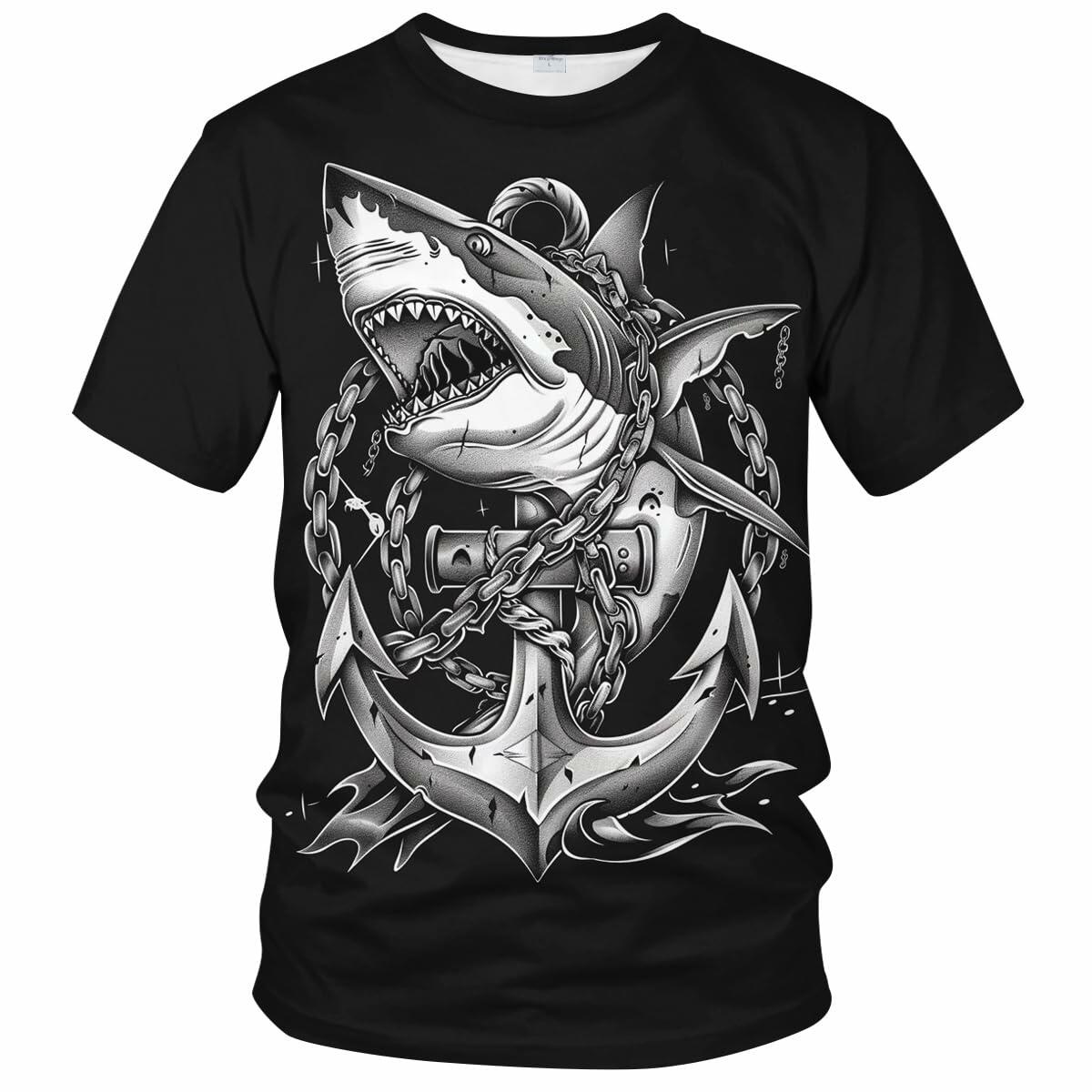 Faiwvhe Men's Creative Shark Graphic T-Shirt Black Summer Short Sleeves Size L