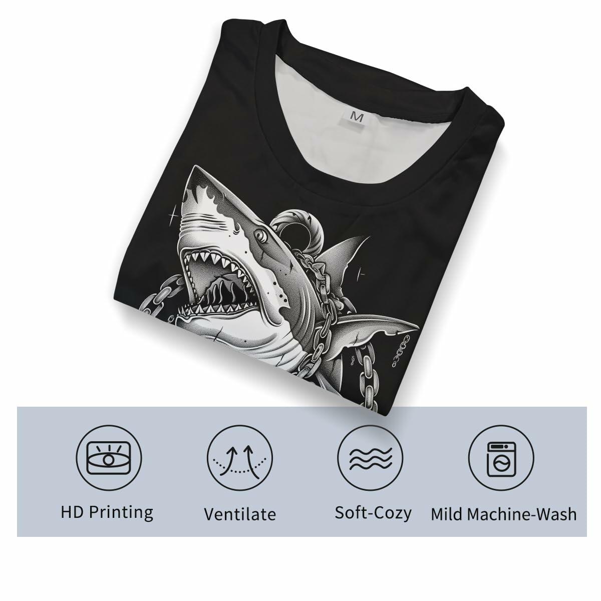 Faiwvhe Men's Creative Shark Graphic T-Shirt Black Summer Short Sleeves Size L