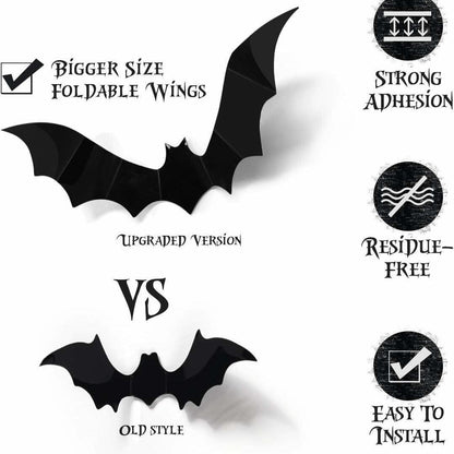 DZBJIPT 120 Pcs 3D Halloween Bats Wall Decals 4 Sizes Black Bat Decor