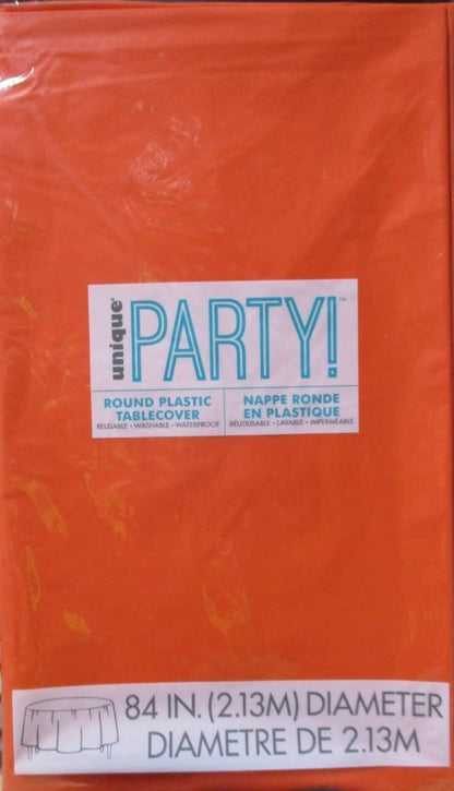 Vibrant Orange Round Plastic Table Cover 84" 1 Count Durable Reusable