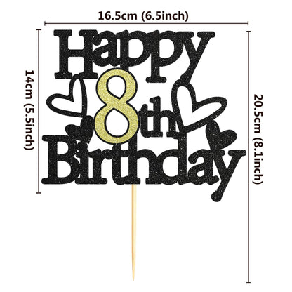 Sumerk 8th Birthday Cake Topper Black Gold Glitter Party Decoration