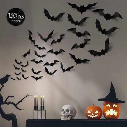 DZBJIPT 120 Pcs 3D Halloween Bats Wall Decals 4 Sizes Black Bat Decor