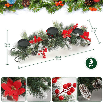 [Like New] 30" Artificial Christmas Centerpiece Red Flowers Berries Pinecones 3 Candle