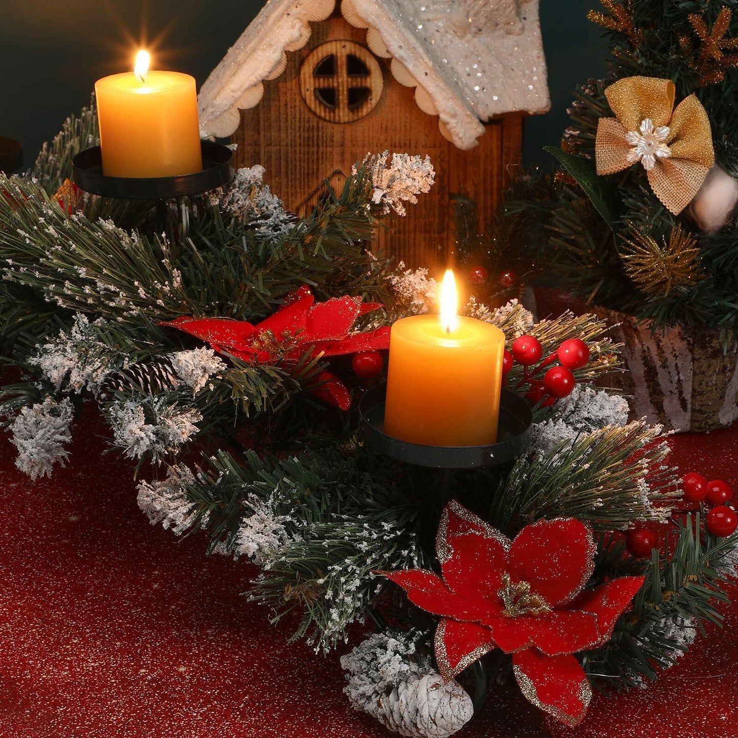 [Like New] 30" Artificial Christmas Centerpiece Red Flowers Berries Pinecones 3 Candle