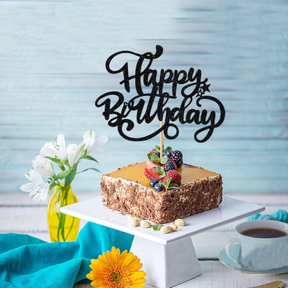 [Like_new] Crseniny Happy Birthday Cake Topper Black Glitter Party Decoration Black