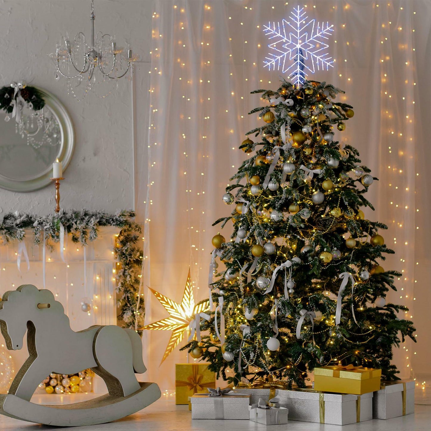 [Like_new] VIHOSE 12" Lighted Snowflake Christmas Tree Topper Metal Battery Operated