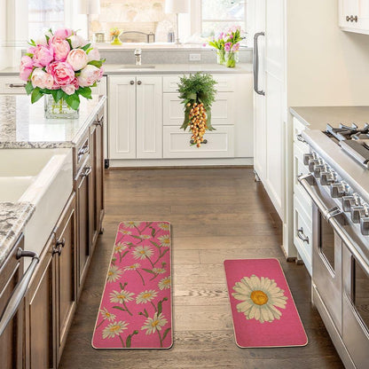 Spring Kitchen Mats Set of 2 Floral Daisy Rugs Pink 17x29 & 17x47 Inch