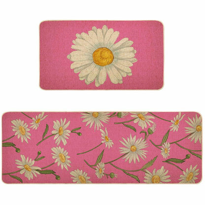 Spring Kitchen Mats Set of 2 Floral Daisy Rugs Pink 17x29 & 17x47 Inch