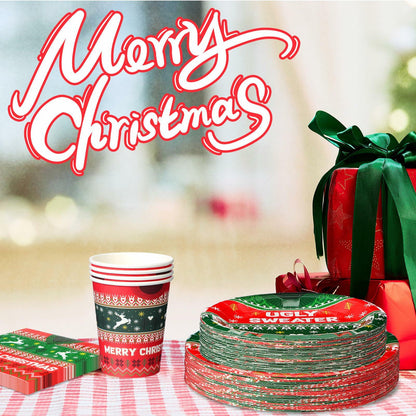 Yaomiao 180 Pcs Xmas Ugly Sweater Party Supplies Set Vintage Plates Cups Napkins