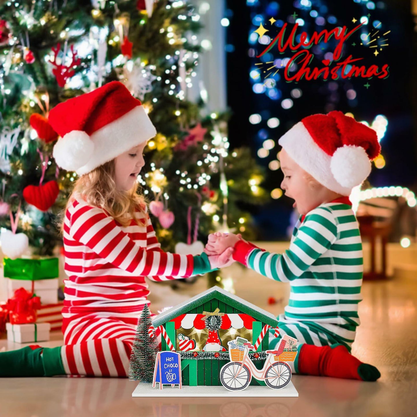 [Like New] Zqoyn LED Lighted Christmas Village Set Indoor Table Decor Bicycle