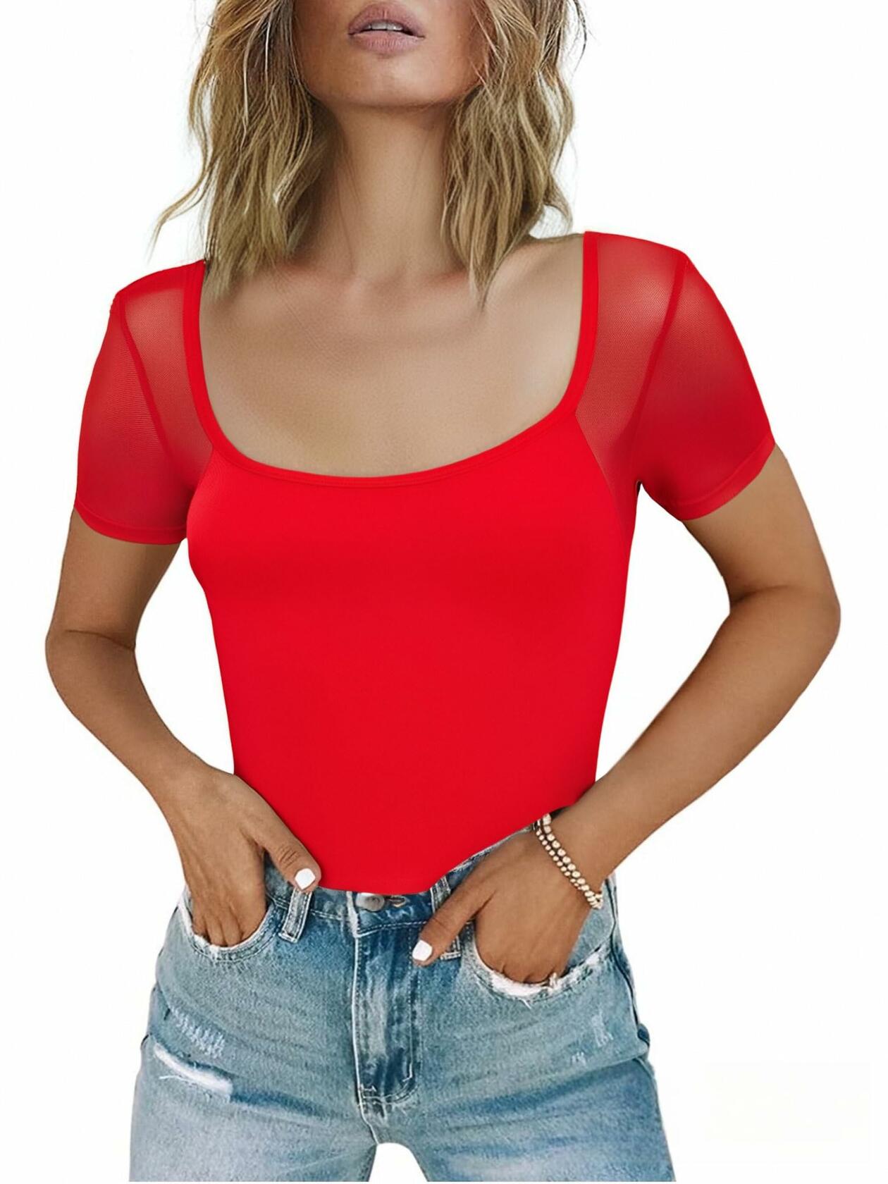 CRIPOM Women's Square Neck Sheer Sleeve Bodysuit Red Size XL