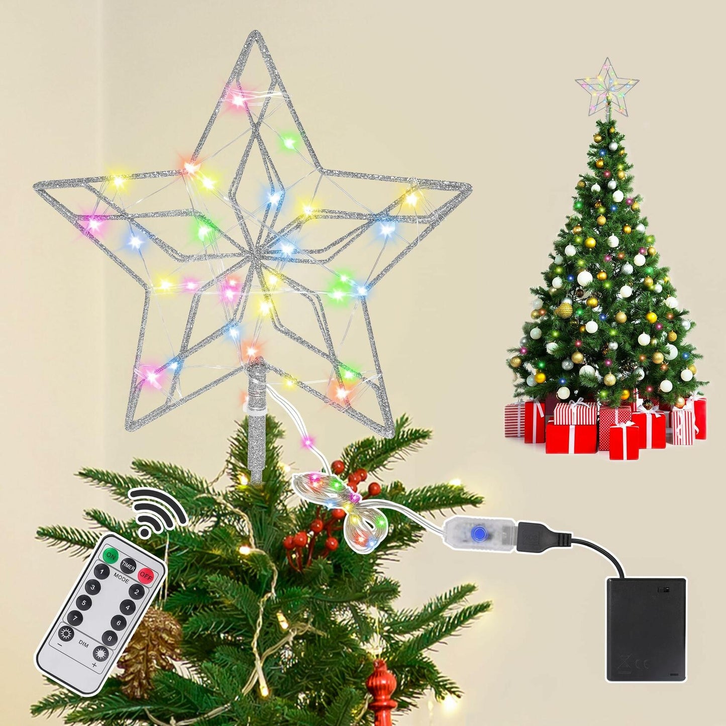 [Like New] Christmas Tree Topper 50 LED Light Silver Star Remote Control Xmas Decor
