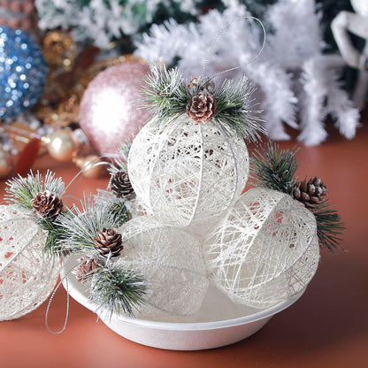 [Like New] Christmas Ball Ornaments 4pc Set White Pinecone Rattan Thread String 4.7"