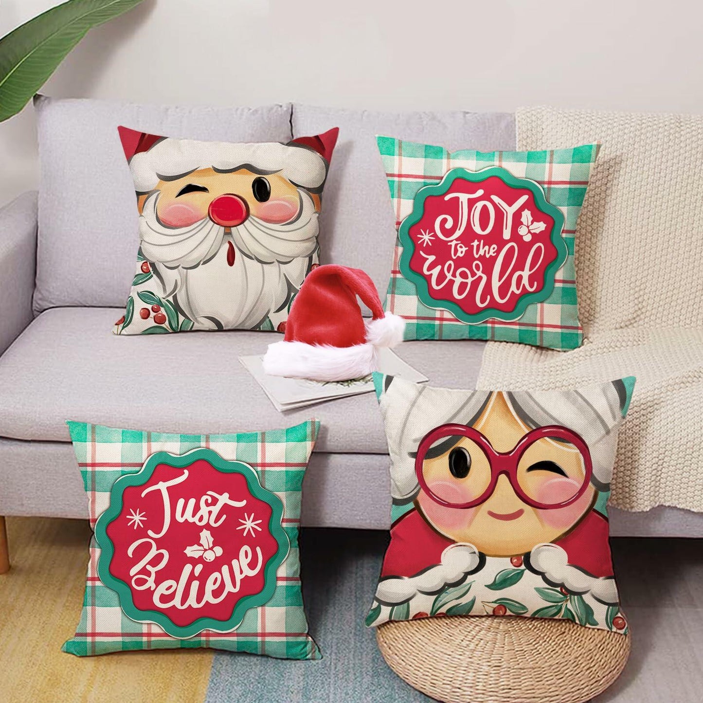 Fjfz Christmas Santa Mrs Claus Throw Pillow Covers 16x16 Green Set of 4