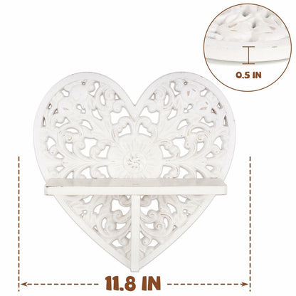 Multipurpose Floating Wall Shelf with Key Hooks Heart-Shaped 12" Vintage White