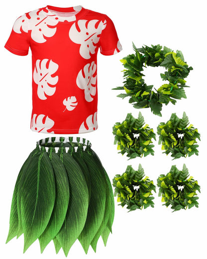 Toulite Halloween Girl Hawaiian Luau Costume Red Leaf T-Shirt Headband Anklet