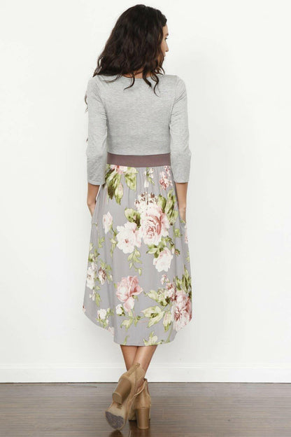 Eloges Women's Floral Midi Dress 3/4 Sleeve Contrast Waistband Grey/Mocha Size S