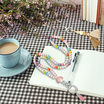 Teacher Lanyard with ID Holder Wooden Bead Silicone Boho Pendant Style E