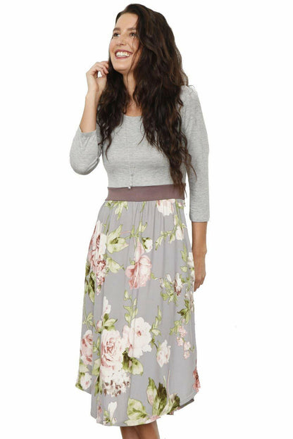 Eloges Women's Floral Midi Dress 3/4 Sleeve Contrast Waistband Grey/Mocha Size S