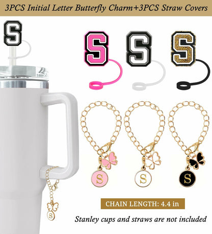 Nuozme Straw Cover Caps 6pcs w/ Initial Butterfly Charms for Stanley 30/40oz