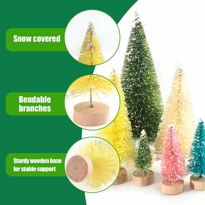DomeStar 45PCS Mini Christmas Sisal Trees Colorful Frosted with Wood Base