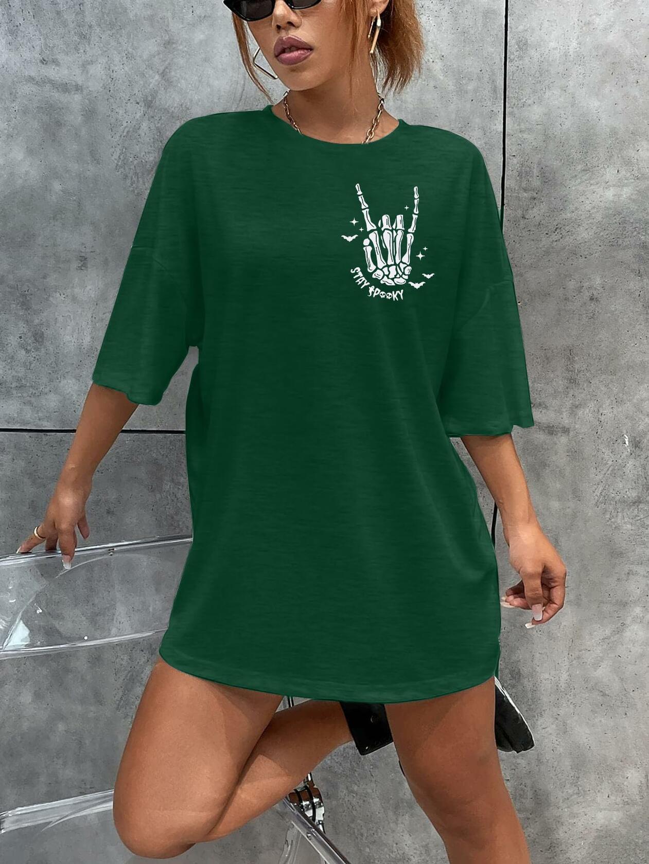 Halloween Oversize T-Shirt Women Cute Spooky Graphic Ghost Tee Green Size L