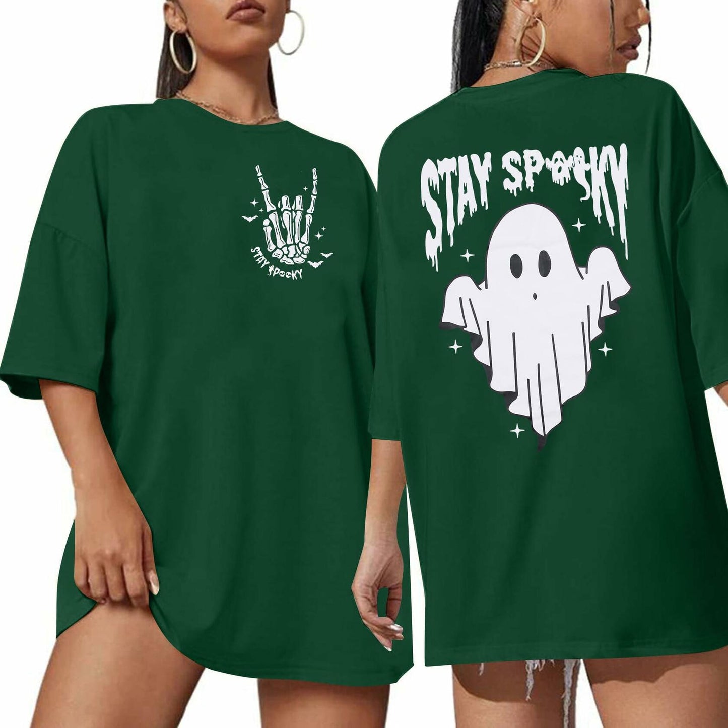 Halloween Oversize T-Shirt Women Cute Spooky Graphic Ghost Tee Green Size L