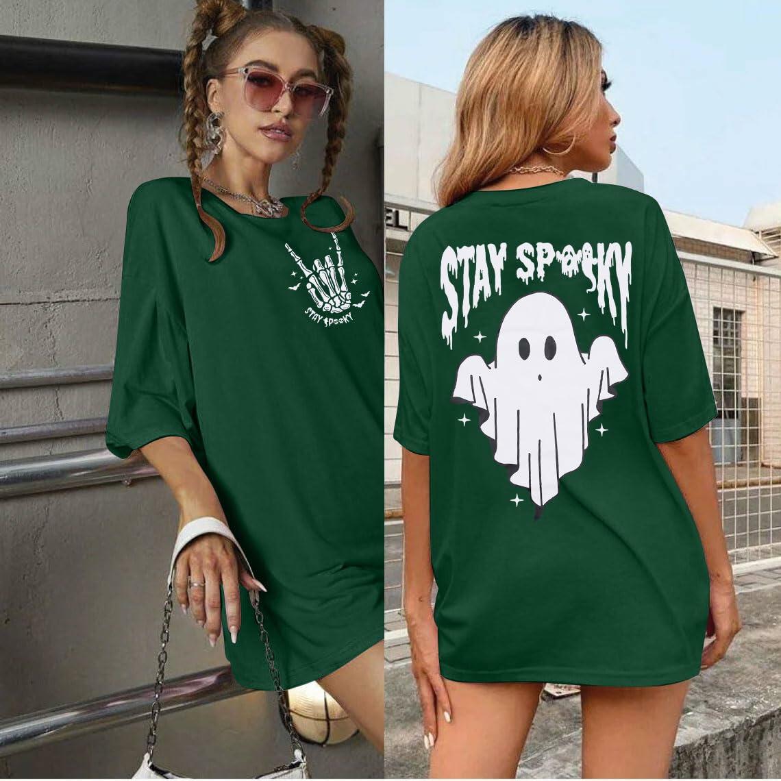 Halloween Oversize T-Shirt Women Cute Spooky Graphic Ghost Tee Green Size L
