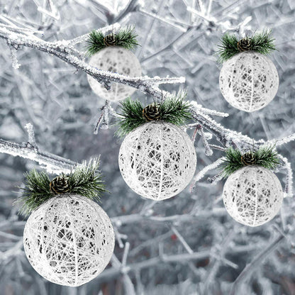 Christmas Ball Ornaments 4pc Set White Pinecone Rattan Thread String 4.7"