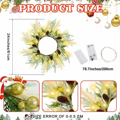 Chuangdi 24" Lighted Norfolk Pine Pampas Christmas Wreath with Pine Cones