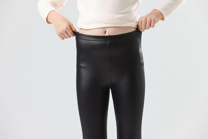 CVVTEE Girls Faux Leather Stretch Leggings Black Fleece-Lined Size 12