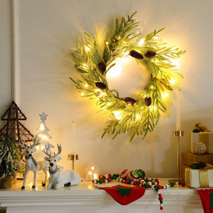 Chuangdi 24" Lighted Norfolk Pine Pampas Christmas Wreath with Pine Cones