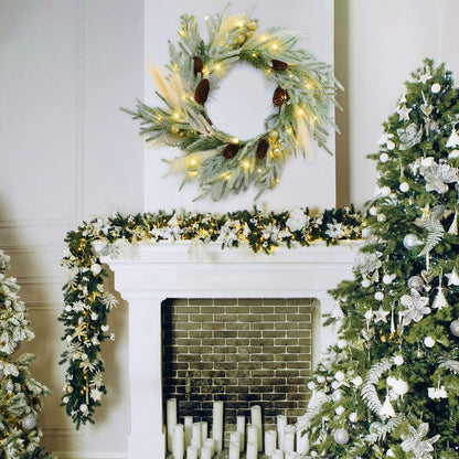 Chuangdi 24" Lighted Norfolk Pine Pampas Christmas Wreath with Pine Cones