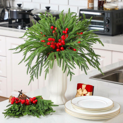 Riceshoot 12 Pcs Norfolk Pine Branches with Red Berries Pine Cones 17.7" Green