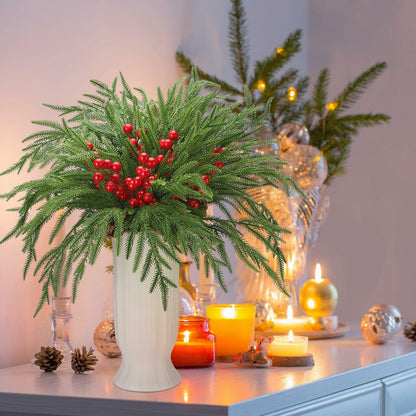Riceshoot 12 Pcs Norfolk Pine Branches with Red Berries Pine Cones 17.7" Green