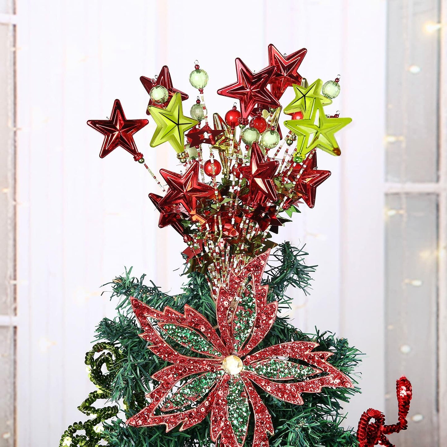 [Like_new] 17" Red Green White Christmas Tree Topper Star Beads Sequin Electroplating