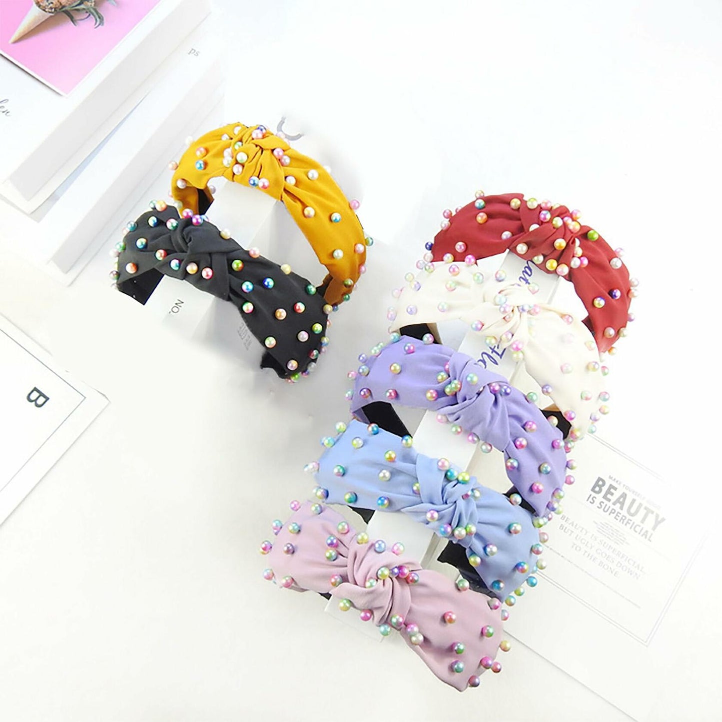 SMYAXUNW Colorful Pearl Knotted Hairband Turban Hair Accessories for Women