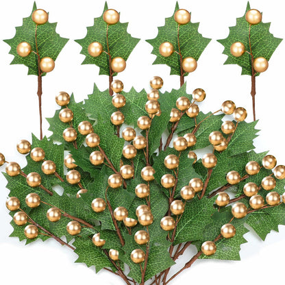 Thiccywoov 30 Pack Artificial Holly Berry Picks Gold Christmas Decoration