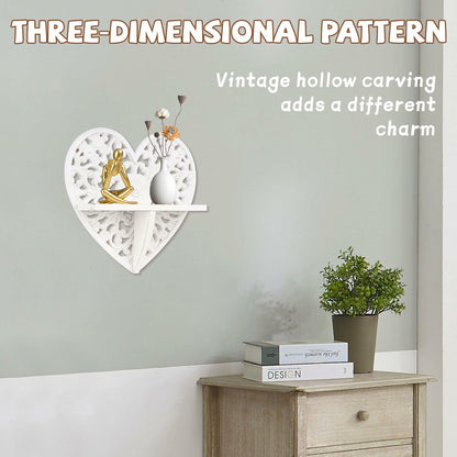 Multipurpose Floating Wall Shelf with Key Hooks Heart-Shaped 12" Vintage White