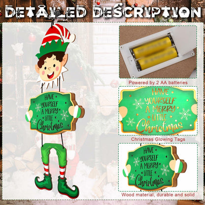 Elf Boys Hanging Sign with Lights Wooden Christmas Decor Indoor Outdoor