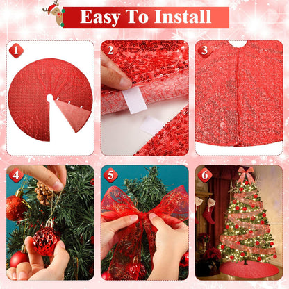 Suilung 22 Pcs Christmas Tree Skirt 46" Red Sequins Ribbon & 20 Ornaments Set