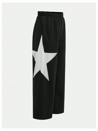 RoseSeek Girl's Wide Leg Star Print Sweatpants High Waist Black Size 12Y