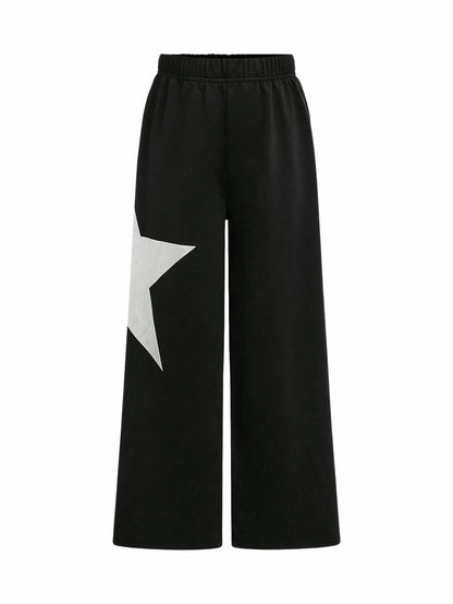 RoseSeek Girl's Wide Leg Star Print Sweatpants High Waist Black Size 12Y
