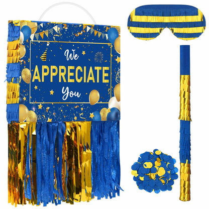 [Like New] Poen We Appreciate You Piñata with Stick Blindfold Blue Gold Confetti 16x12 Inch